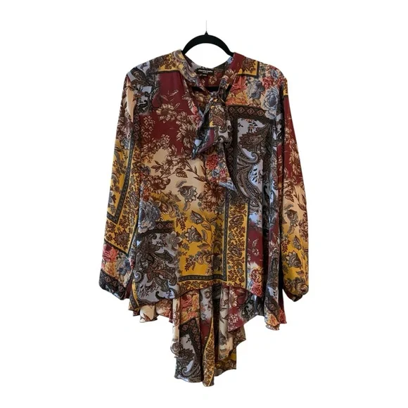 Chacha Vente Boho Paisley Tie Neck High Low Tunic Blouse Size M - Picture 2 of 16
